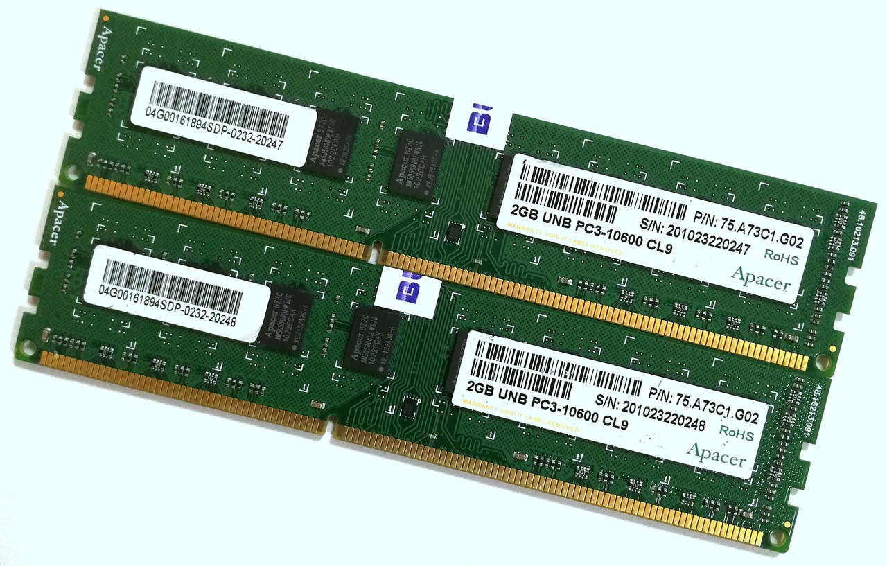 Пара оперативної пам'яті Apacer DDR3 4Gb (2Gb+2Gb) 1333MHz PC3 10600U CL9 (75.A73C1.G02) Б/В