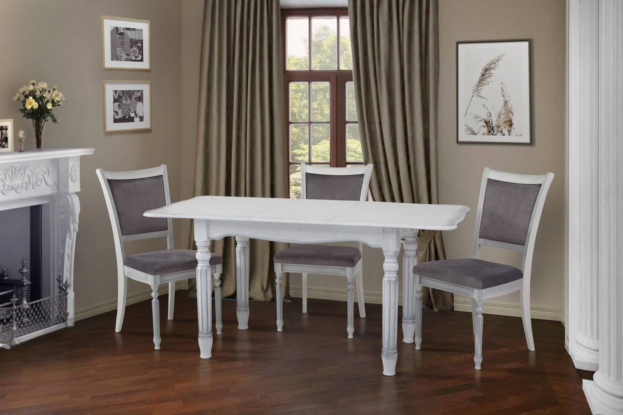 Стіл обідній дерев'яний в класичному стилі Венеція 120 Мікс меблі, колір білий + патина срібло