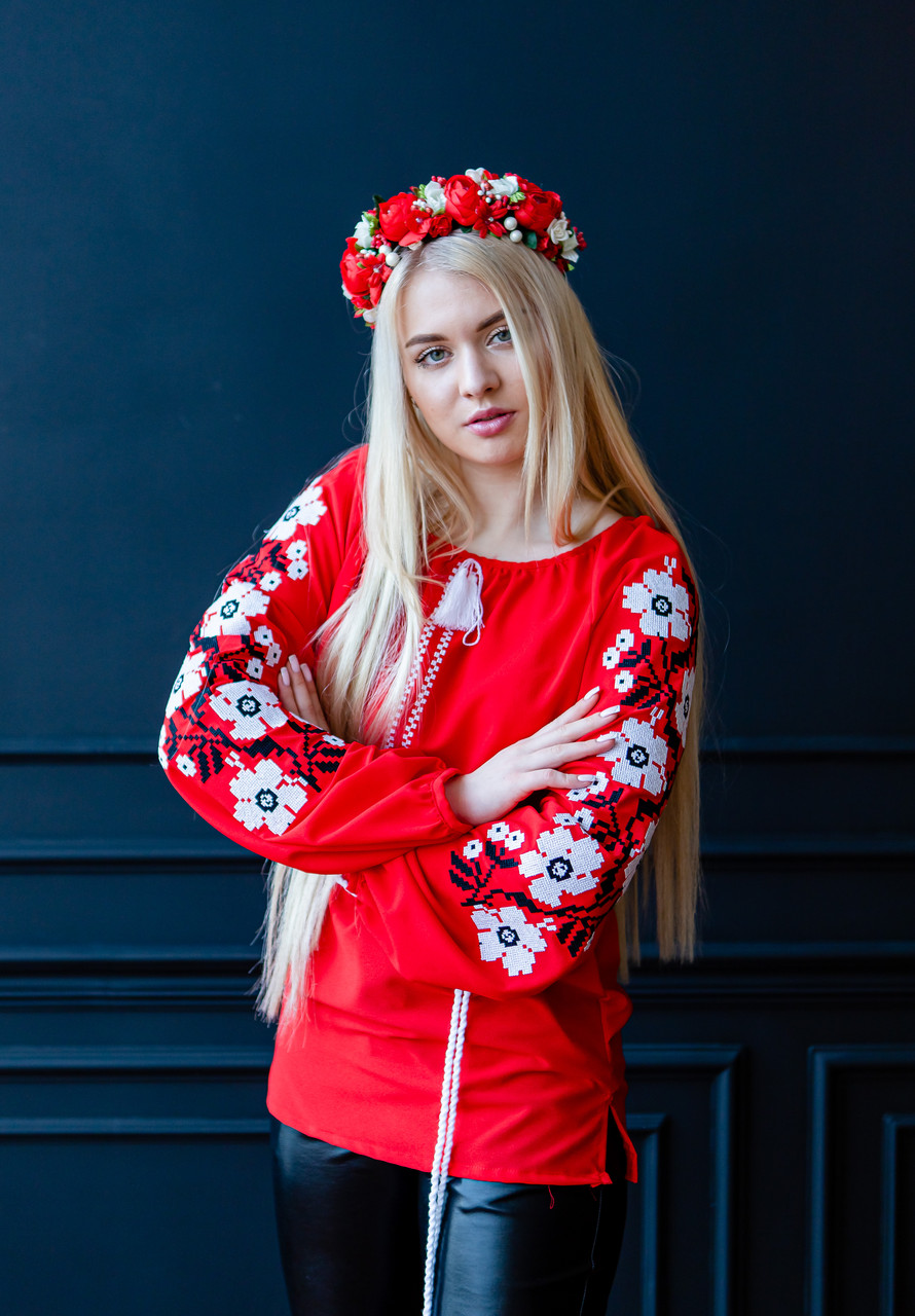 Вишиванка жіноча Квіткова шифон червоно-біла, фото 1