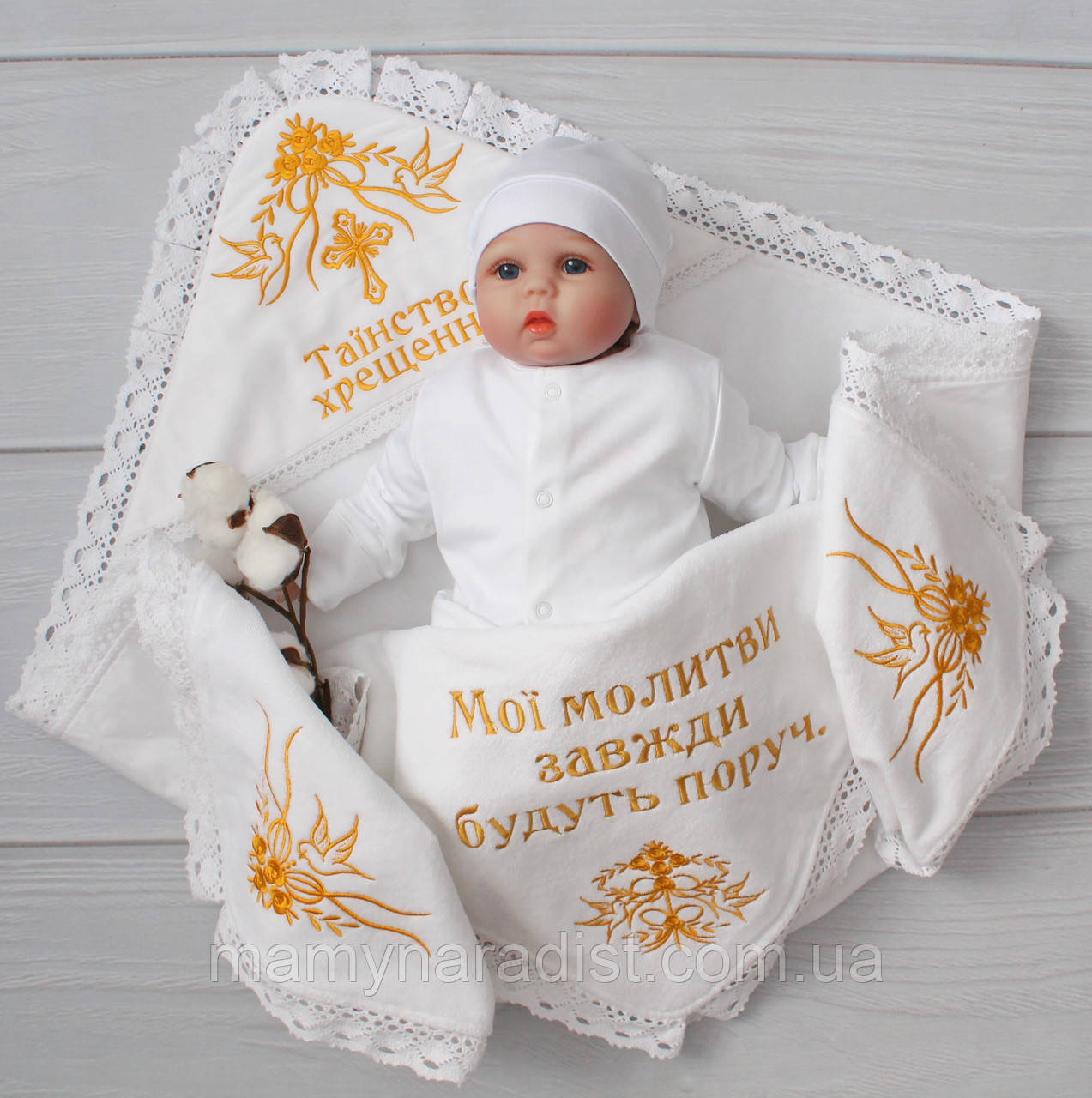 Іменна махрова крижма для хрещення зі 100% бавовни/ Іменна махрова крижма для хрещення Мамина радість