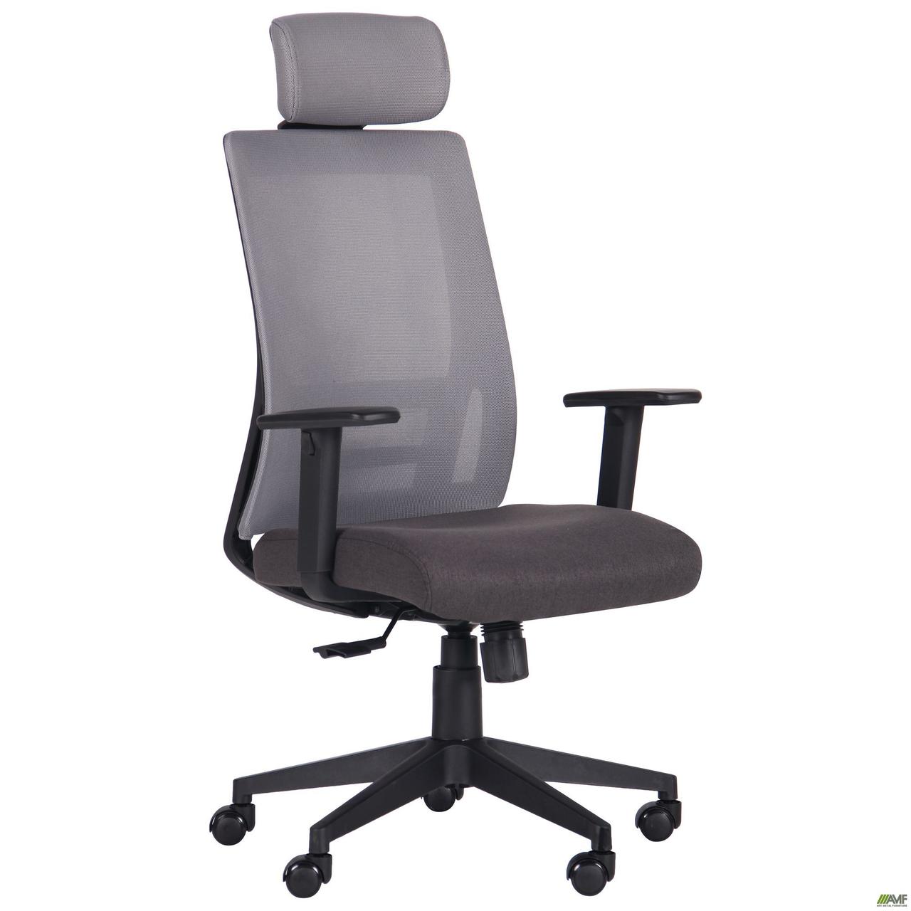 Комп'ютерне крісло AMF Scrum чорний пластик з підголовником сітка сіра, фото 1