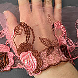 Ажурне мереживо, вишивка на сітці: рожево-персикова, коричнева нитка з рожево-персиковій сіткою, ширина 11 см, фото 5