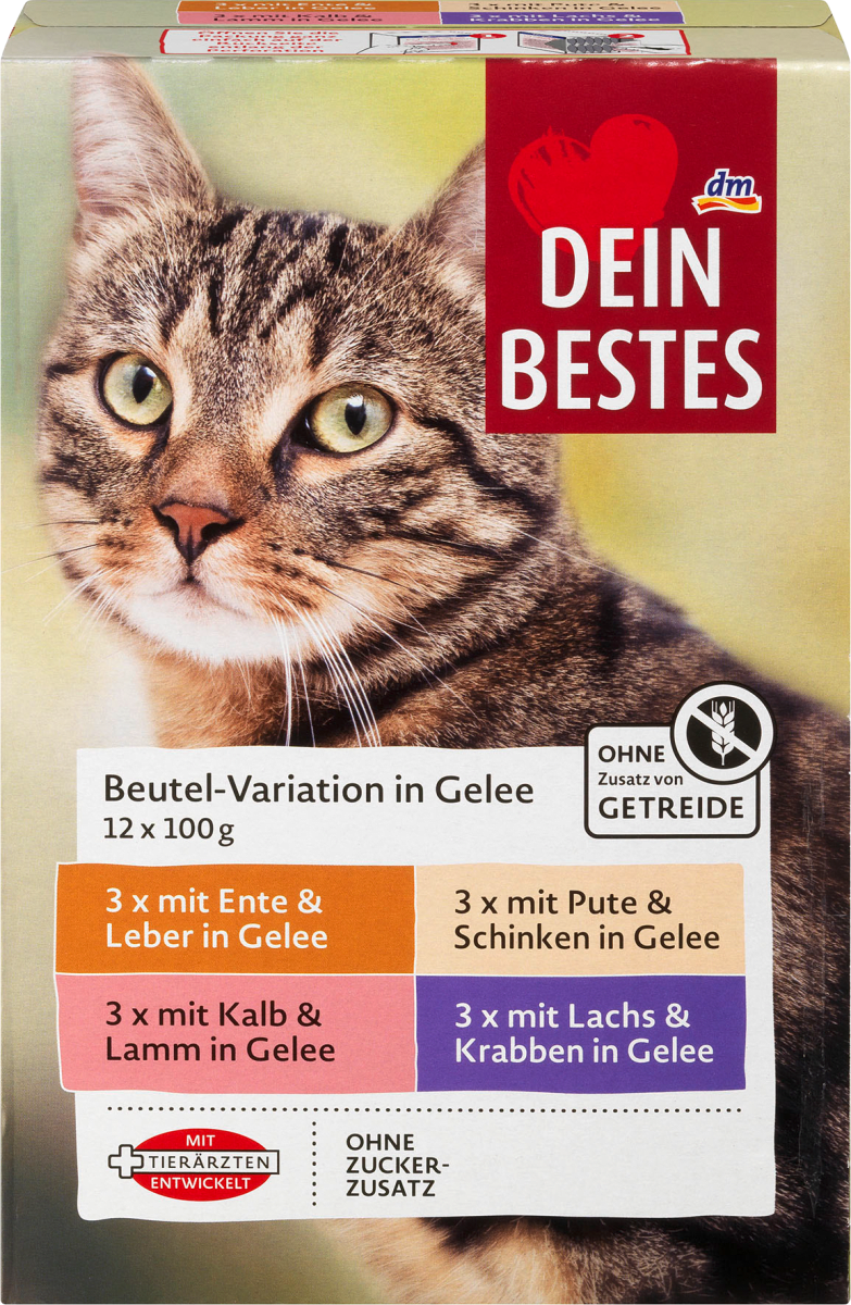Вологий корм для кішок, асорті Dein Bestes Beutel-Variationen in Gelee, (12 уп х 100 гр = 1200 гр)