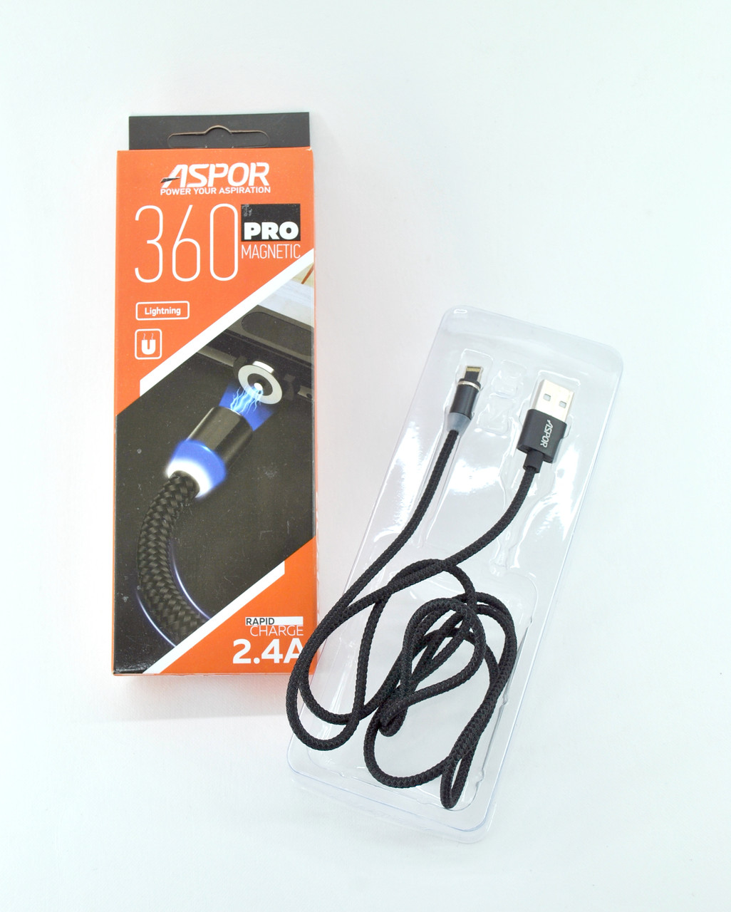Кабель Usb Lightning Aspor-360Pro magnetic 2.4A (тканина, пластик) Black