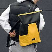 Чоловічий шкіряний рюкзак Rolltop чорний з жовтим, спортивний рюкзак Роллтоп з екошкіри