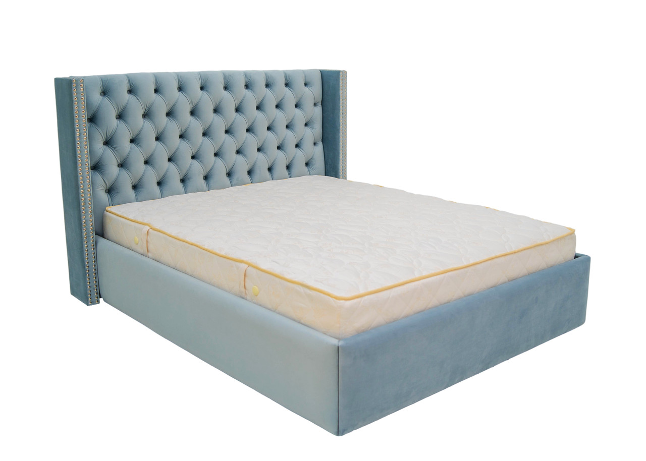 Ліжко для спальні м'яке з гудзиками MeBelle D'ARMANA 160 х 190 з каретною стяжкою, сіро-блакитний велюр
