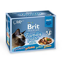Вологий корм для котів Brit Premium Cat Family Plate Gravy pouches 1020 г (асорті з 4 смаків «Сімейна тарілка»