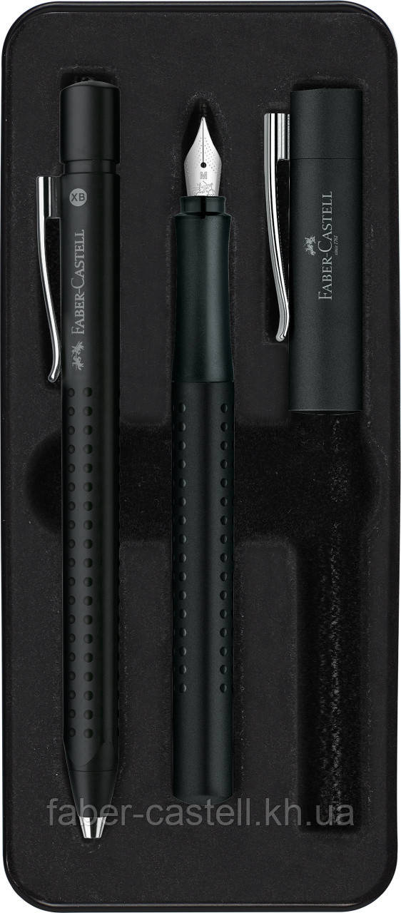 Подарунковий набір ручок Faber-Castell GRIP 2011 в металевому пеналі чорний, кулькова ручка + перова, 140983