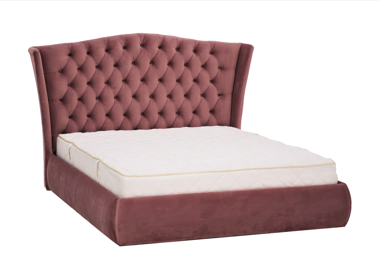 Ліжко двоспальне з м'яким узголів'ям MeBelle DIVA 160х200 см з каретною стяжкою, троянда рожева велюр