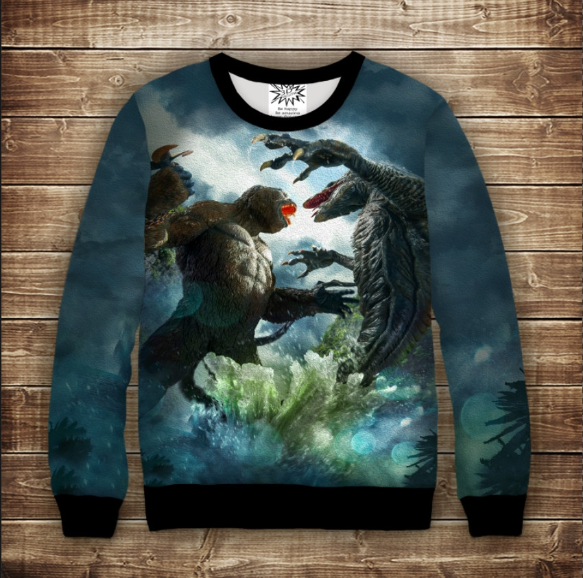 Світшот з 3D принтом на тему: Кінг Конг і Ящер. Дорослі та дитячі розміри ВСІ Розміри, фото 1