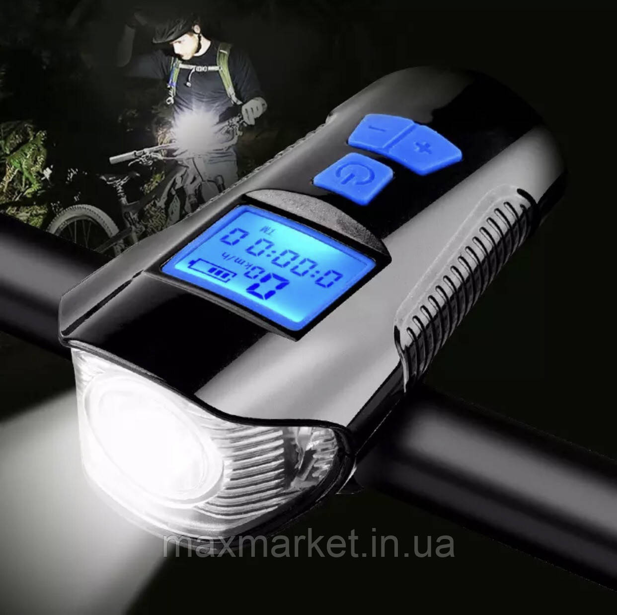 Потужна фара на велосипед, комп'ютер,сигнал XA-585-T6+2LED, виносна кнопка, Waterproof, акум., ЗП micro USB