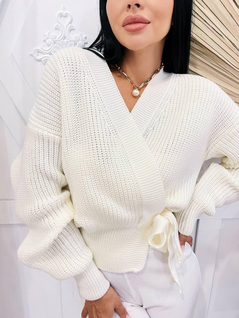 Стильна вкорочена в'язана кофта кардиган на запах ПЛОЧНИЙ 42-46, фото 1