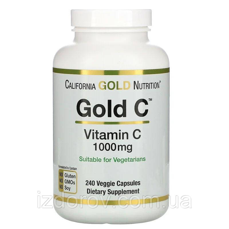 Вітамін C 1000 мг California Gold Nutrition Gold C аскорбінова кислота для імунітету 240 рослинних капсул