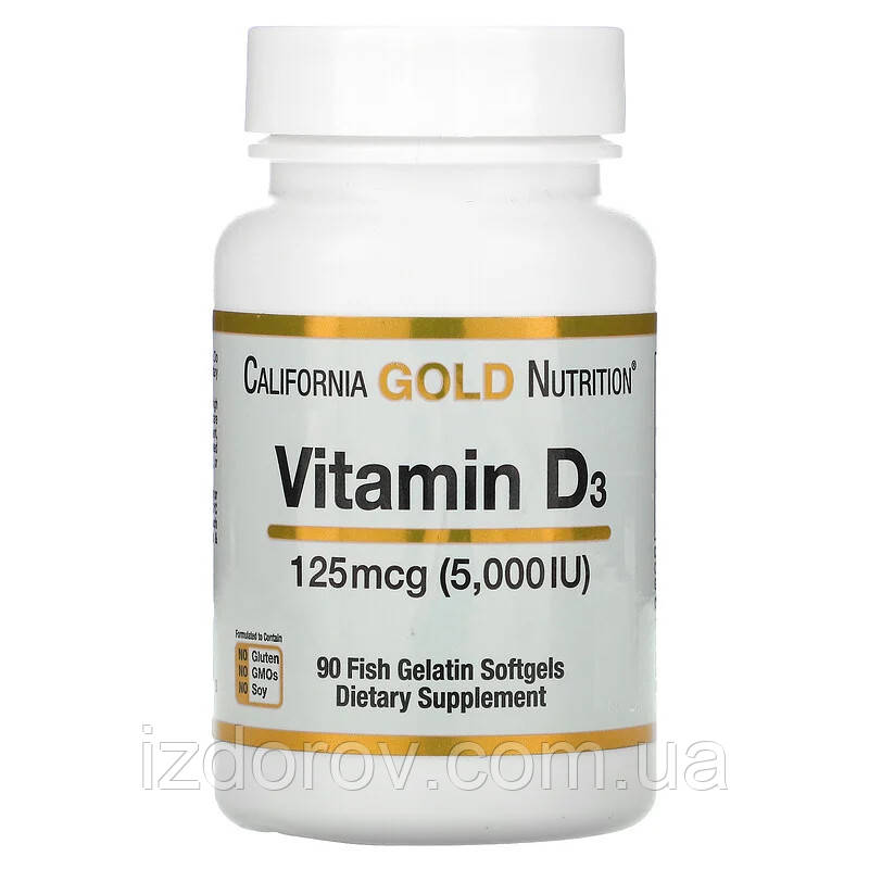 Вітамін Д3 5000 МО California Gold Nutrition Vitamin D3 для здоров'я кісток зубів 90 рибно-желатинових капсул