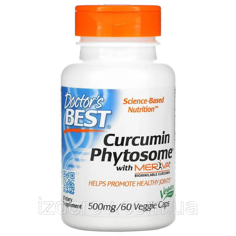 Doctor's Best, Куркумин фитосомы 500 мг, Curcumin Phytosome with Meriva, 60 растительных капсул - фото 1 - id-p1097621329