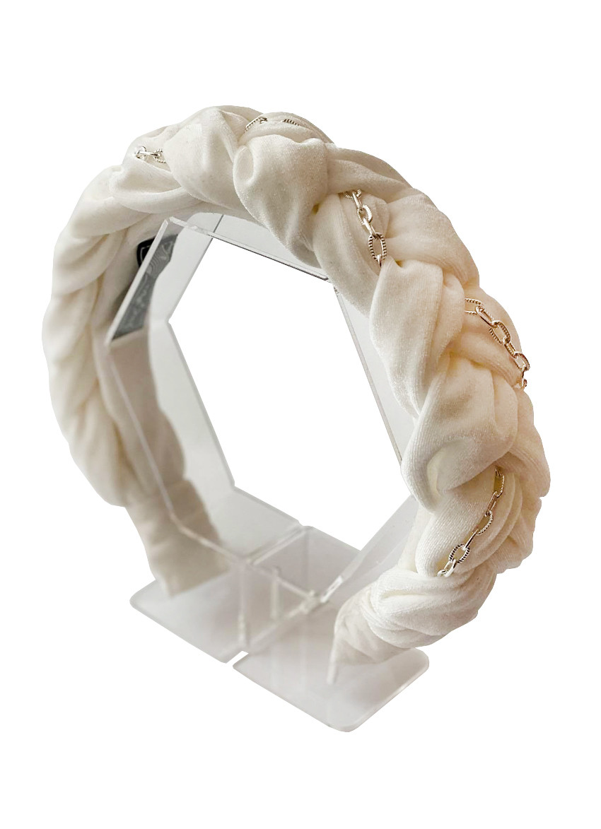 Оксамитовий обруч косичка зі срібним ланцюжком "білий", фото 1