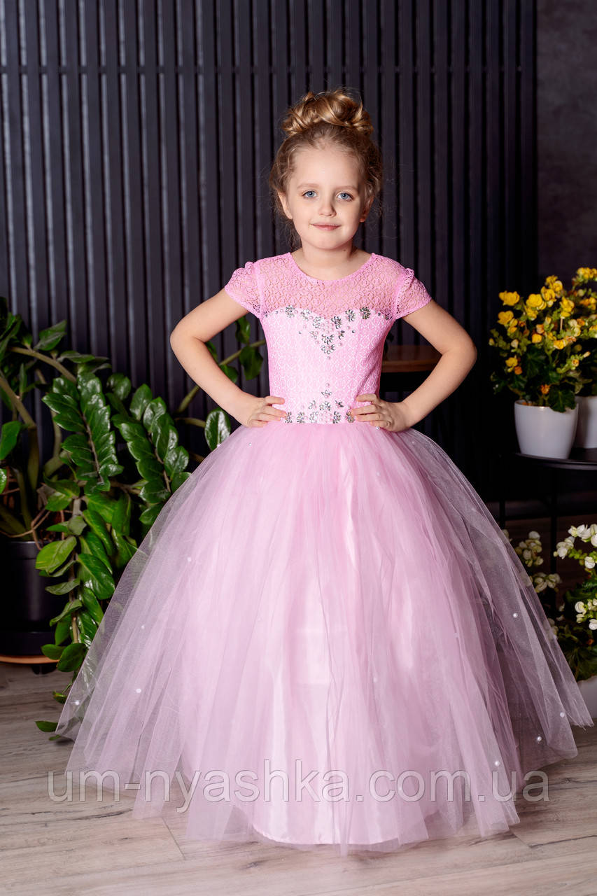 Детское нарядное розовое платье на выпускной "Кружево-жемчуг" - фото 1 - id-p1388677214