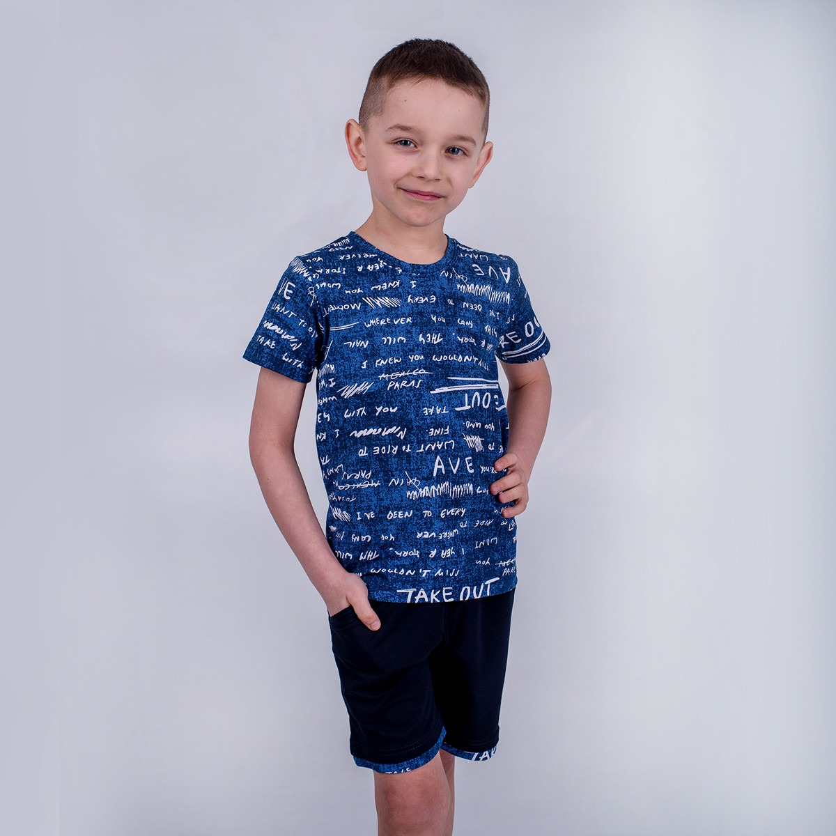 Комплект для хлопчика футболка з шортами трикотажний синій з літерами Смайл Тайм SmileTime Fun