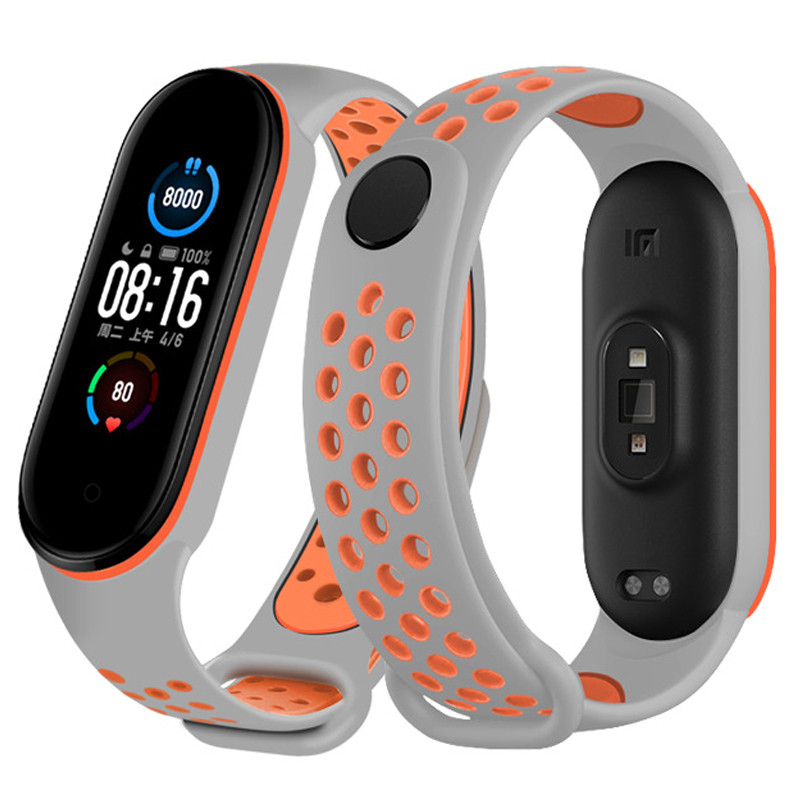 Ремінець для фітнес-браслета Xiaomi Mi Band 5, 6, 7 Nike Design сірий з помаранчевим, фото 1