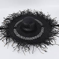 Широкополий солом'яний капелюх із посатаними крисами та зав'язками чорний