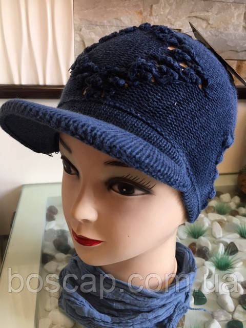 Жіноча шапка в'язана з козирьком, бавовна, ТМ Fonem, Туреччина, розмір 56-57, джинсовий колір