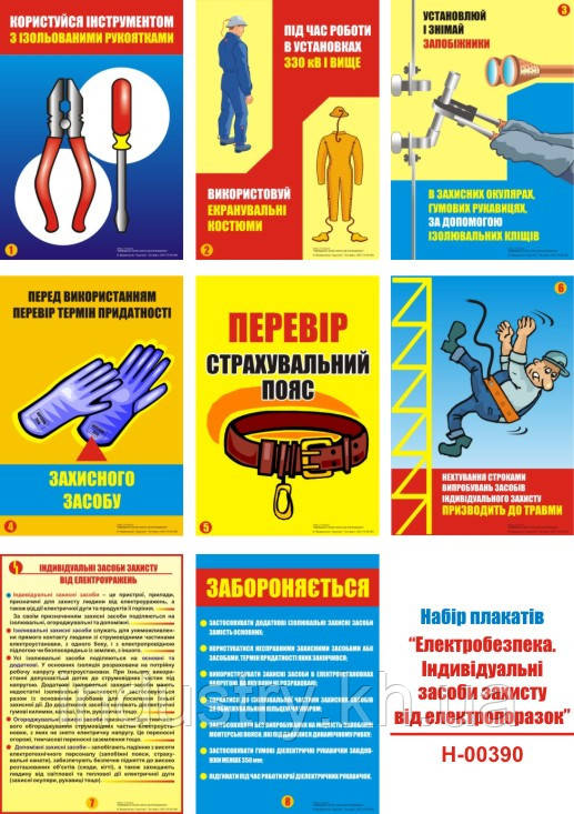 "Електробезпека. Індивідуальні засоби захисту від електропоразок" (8 плакатів, ф. А3)