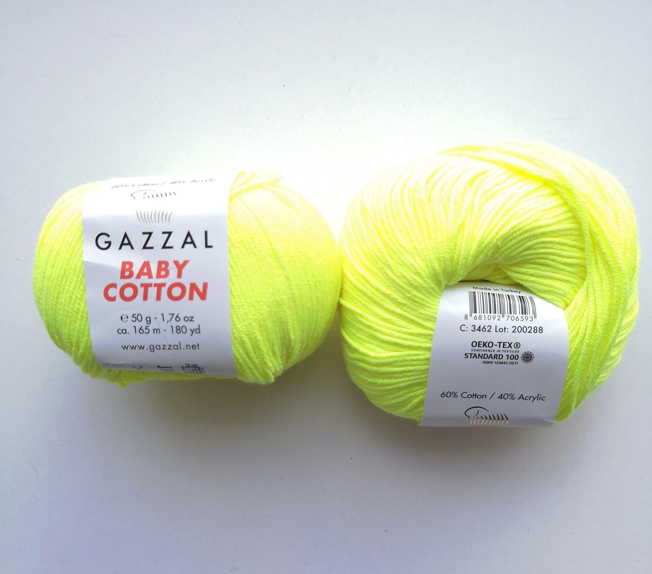 Пряжа для в'язання Бебі Коттон Gazzal Газзал (Cotton Baby Gazzal) 3462 жовтий неон, 1 моток 50г, фото 1