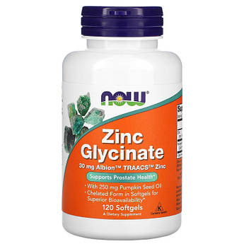 Цинк гліцинат 30 мг Now Foods Zinc Glycinate у хелатній формі з олією насіння гарбуза 120 м'яких таблеток