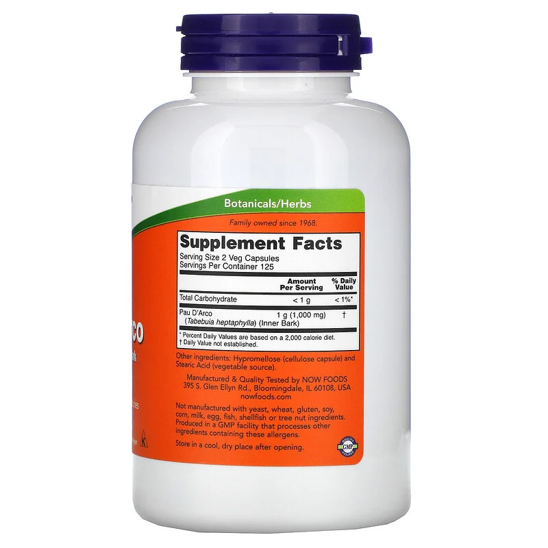 Now Foods, Pau D'Arco, Кора муравьиного дерева Пау Д'Арко, 500 мг, 250 ...