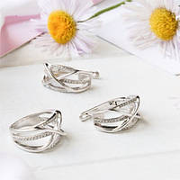 Комплект серебряный ажурная коса сережки и кольцо с маленькими фианитами