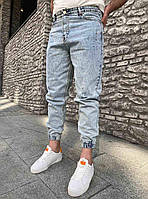 Свободные джоггеры мужские джинсовые с манжетами внизу, джинсовые штаны меланж синего Турция