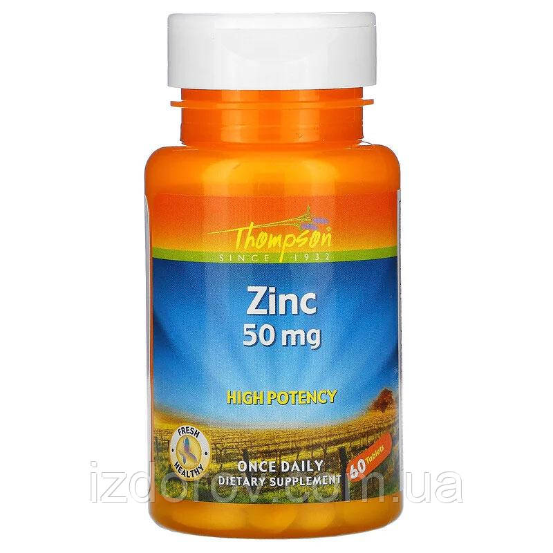 Цинк 50 мг Thompson Zinc глюконат для імунної системи здоров'я шкіри волосся нігтів 60 таблеток