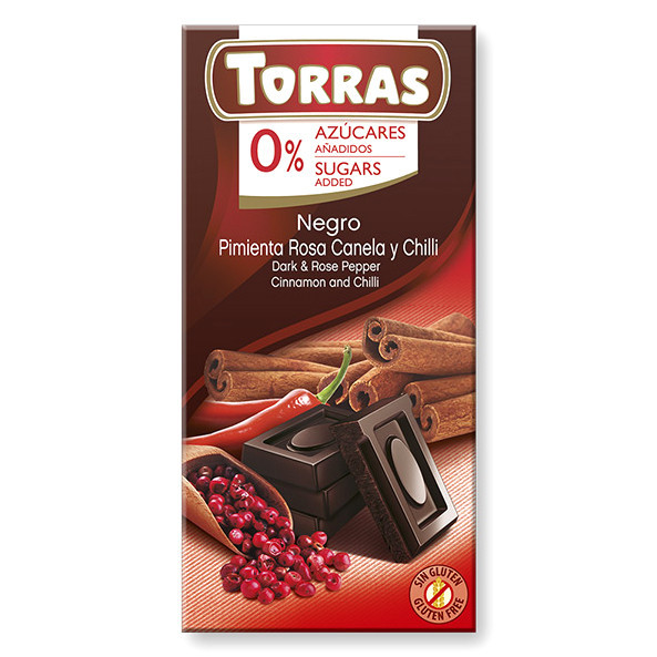 Шоколад без цукру Torras з рожевим перцем, корицею і перцем Чилі Іспанія 75г