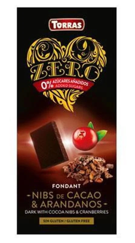 Чорний шоколад без цукру Torras ZERO with cocoa nibs and cranberries з какао-бобами і журавлиною Іспанія 125 г