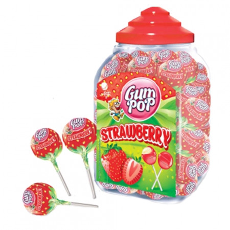 Льодяники на паличці+жуйка Gum Рор Strawberry (полуниця), 100шт, Польща