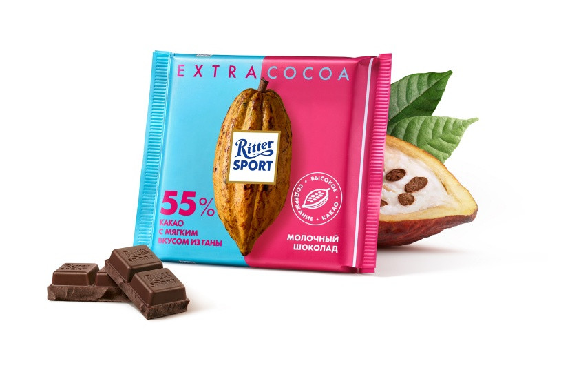 Шоколад молочний Ritter Sport з Гани 55 % какао,100 р. Німеччина