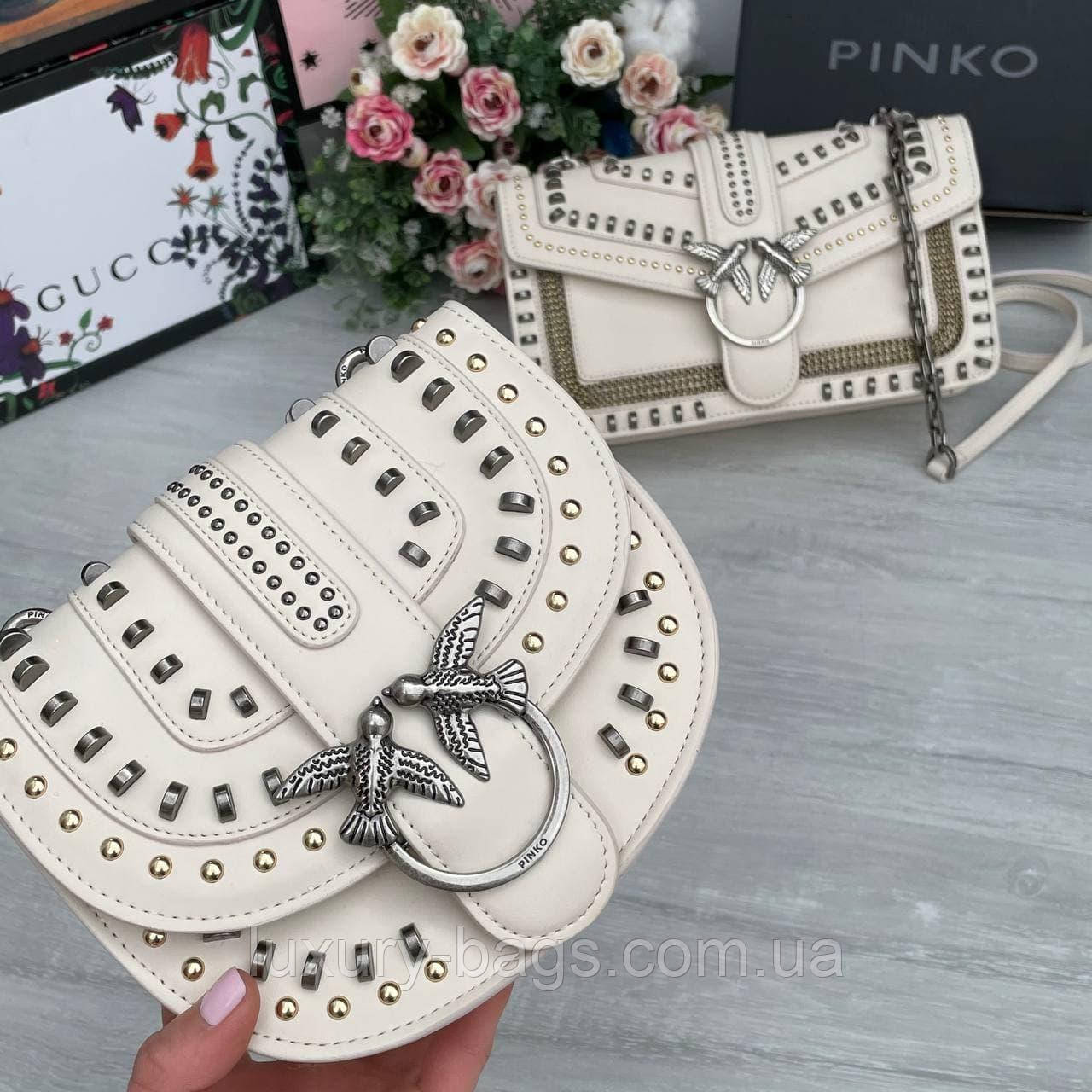 Жіноча бежева сумка в заклепках Pinko Пінко, фото 1