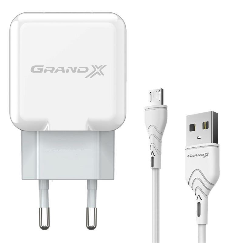 Мережевий зарядний пристрій Grand-X (1xUSB 2.1 A) White (CH-03UMW) + кабель microUSB, фото 1