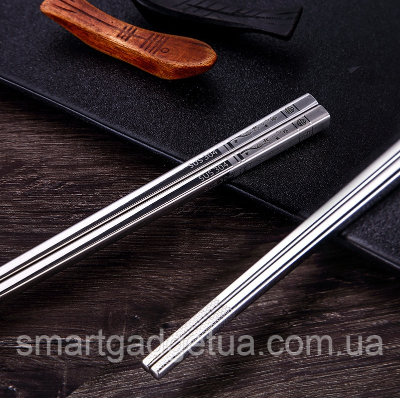 Преміум Китайські Японські Палички "Квітуча Слива" Для Їди Суші з лазерним візерунком Срібло нержавіюча сталь, фото 1