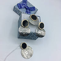 Серебряные серьги и кольцо с золотыми пластинами Оникс