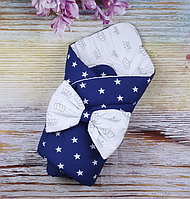 Конверт одеяло на выписку для новорожденных Звезды + Короны демисезонное для мальчика синий+белый