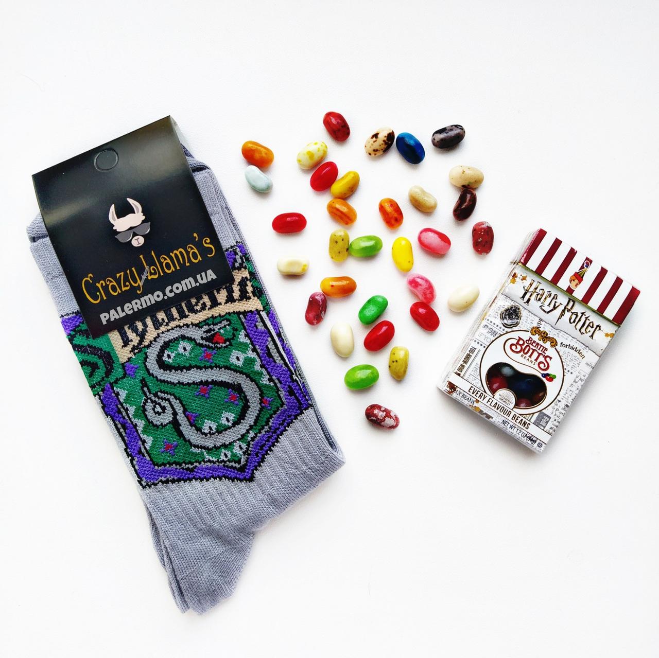 Набір подарунковий Гаррі Поттер цукерки боби Jelly Belly 34г + Шкарпетки Слізерін Slytherin Harry Potter сірі