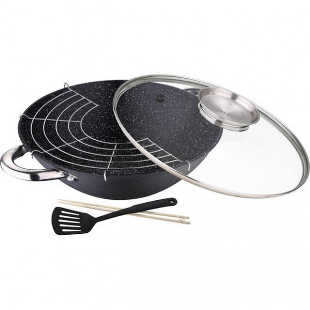 Сковорода WOK зі скляною кришкою Bergner 28см Колір чорний 3802-BGMP, фото 1