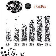 Стразы камни для ногтей MIX размеров Черные 1728шт