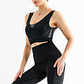 Спортивный костюм женский для фитнеса. Комплект топ, леггинсы, фитнес костюм, размер S (черный)