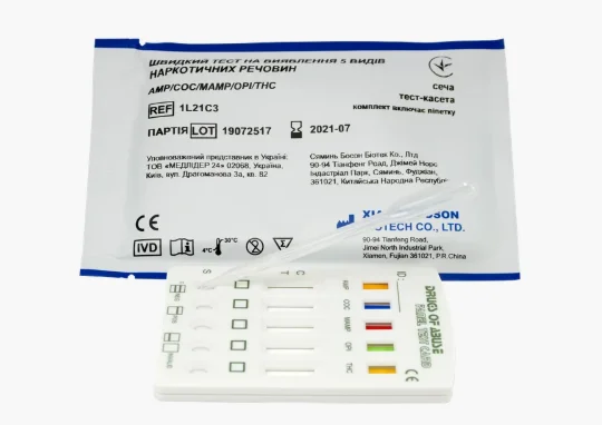 Швидкий тест на виявлення п'яти наркотичних речовин, тест-карта