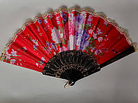 Веер красный с цветами в восточном стиле Ткань атлас с кружевами, пластик Радиус 22 см