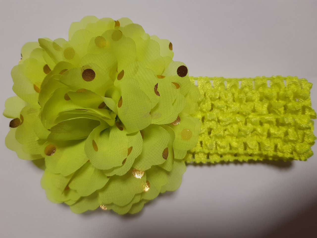 Дитяча пов'язка на голову кислотно-салатова - окружність голови близько 40-52см, діаметр квітки 9см, фото 1