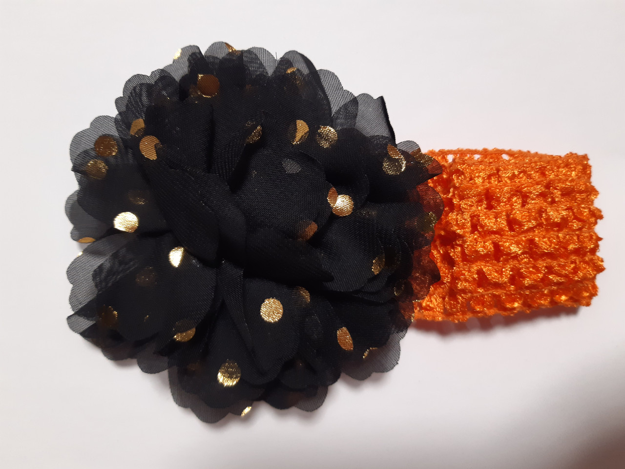 Дитяча пов'язка на голову чорна + помаранчева - окружність голови близько 40-52см, діаметр квітки 9см, фото 1