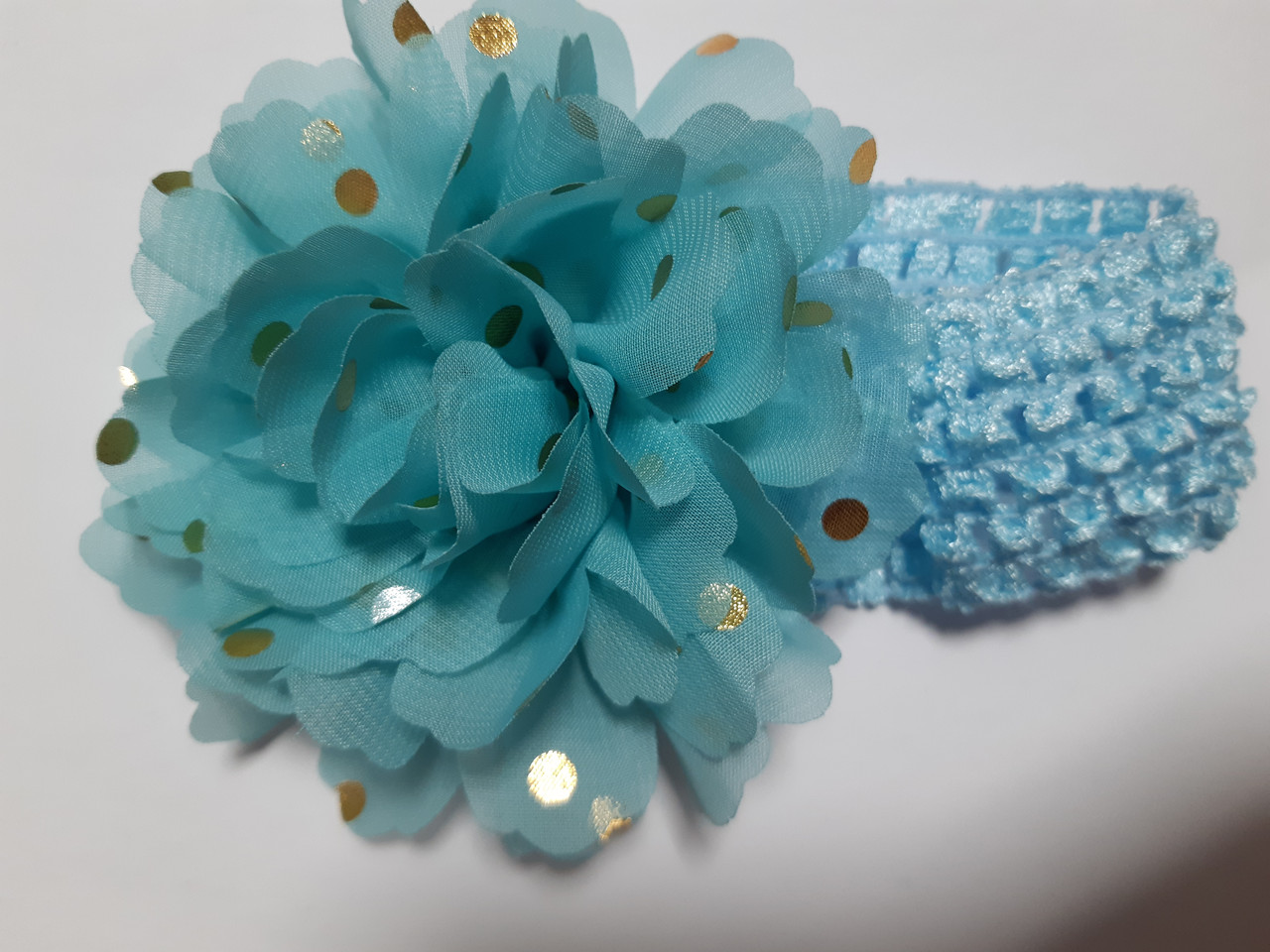 Дитяча пов'язка на голову блакитна + ментолова - окружність голови близько 40-52см, діаметр квітки 9см, фото 1